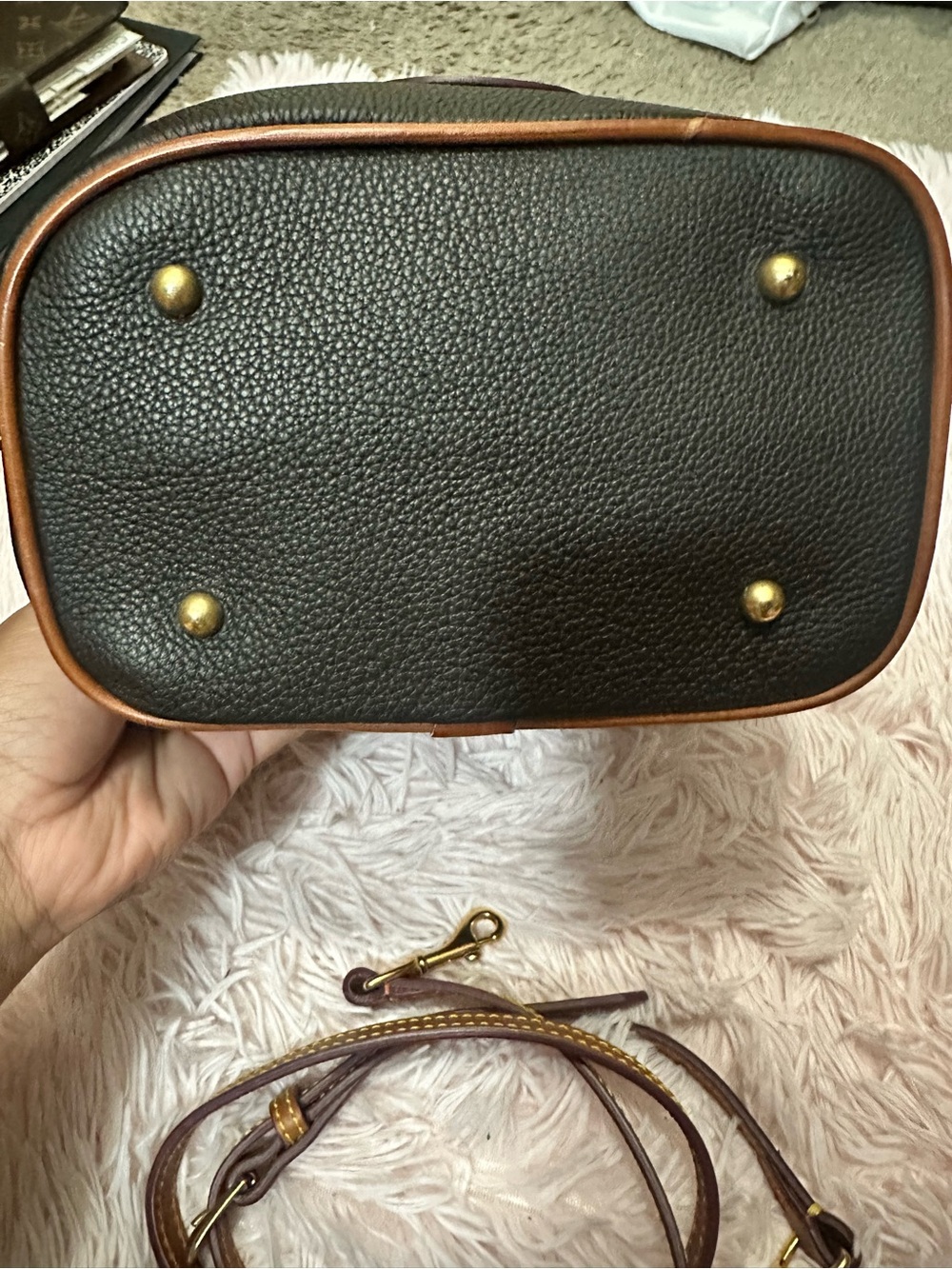 Dooney & Bourke Black Pebbled Leather Bucket Crossbody with Brown Trim - Picture 5 of 16